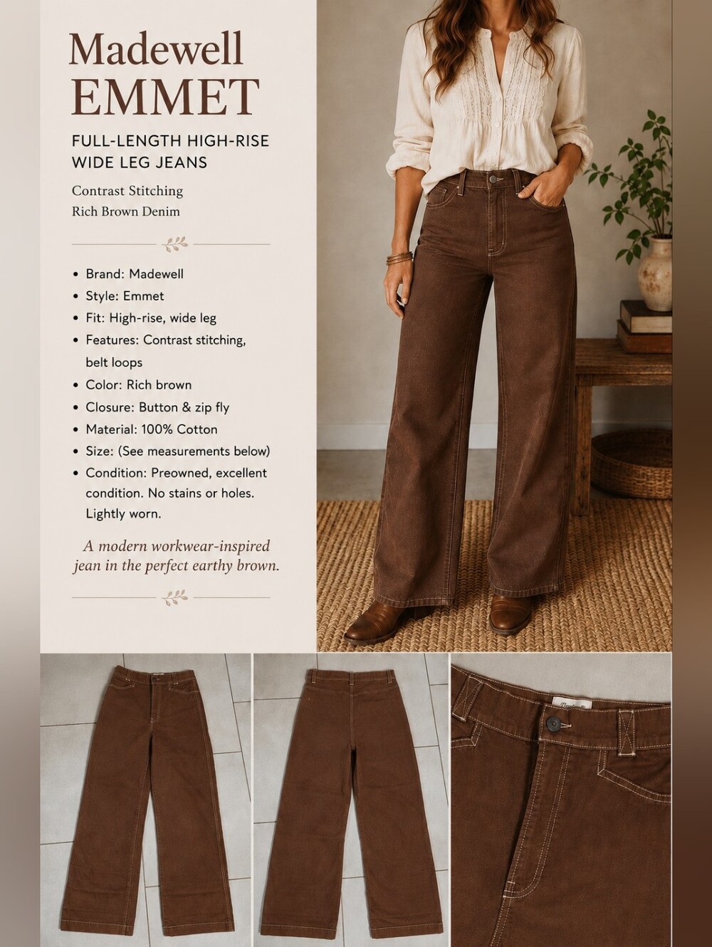 Madewell Emmett Wide Leg Jeans Brown High Rise Contrast Stitch Full Length 28